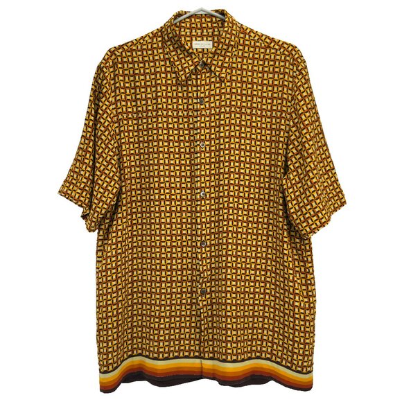 DRIES VAN NOTEN Retro Geometric Short Sleeve Orange Brown Button Down Shirt L - Picture 1 of 6